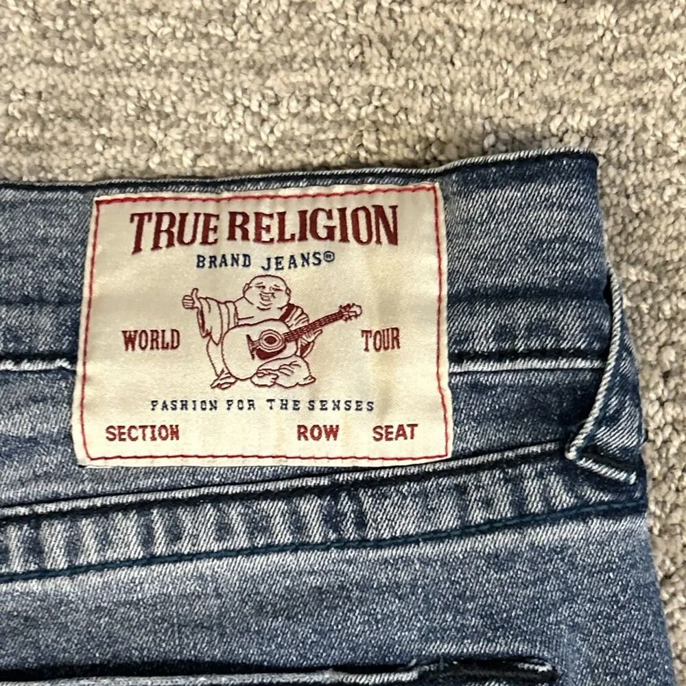 True Religion Jeans Mens 34 Medium Wash Rocco Relaxed Skinny Stretch Splatter
